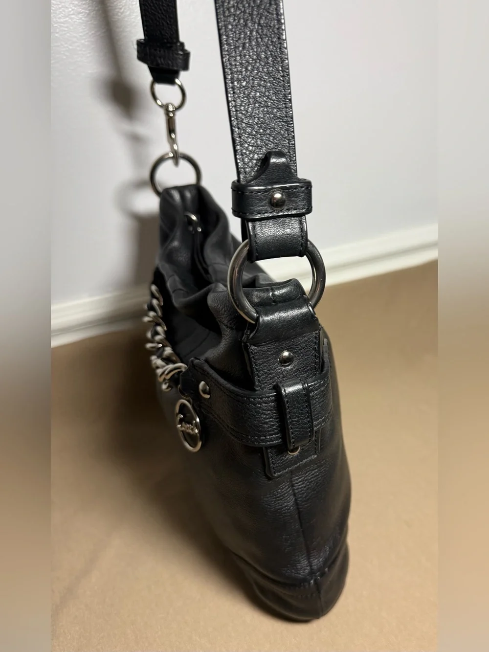 Coach Black Pebbled Leather Chain Duffle Crossbody Bag F19722